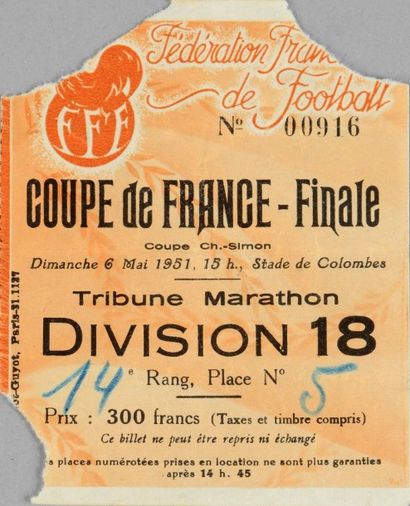 null Billet de la finale de la Coupe de France 1951 entre le R.C Strasbourg et l'U.S...