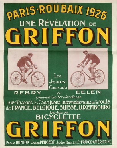 null Affiche. Paris-Roubaix 1926. Les jeunes coureurs Rebry et Eelen 3e et 4e sur...