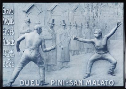 null Affiche publicitaire du duel entre les maîtres d'armes italiens Pini et San...