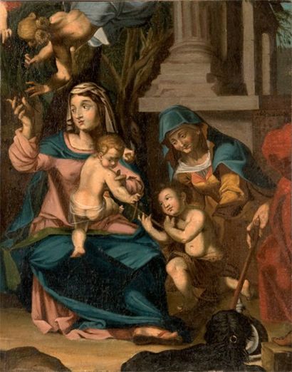 ÉCOLE ITALIENNE du XVIIIe siècle, Le repos de la Saint Famille. Toile, un fragment....