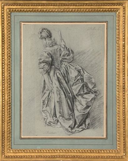 Ecole FRANCAISE du XIXe siècle, d?après François BOUCHER. Jeune femme tenant un éventail,...