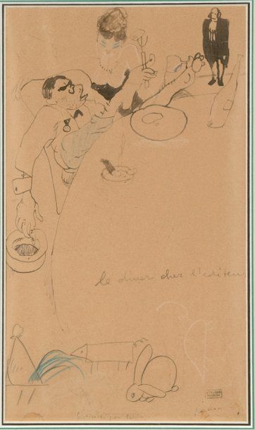 Jules PASCIN (1885-1930) Le diner chez l'éditeur. Dessin à la plume et aux crayons...