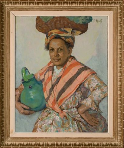 Emma RUFF (1884 - ?) Portrait de femme guadeloupéenne Huile sur toile Signée. 82...