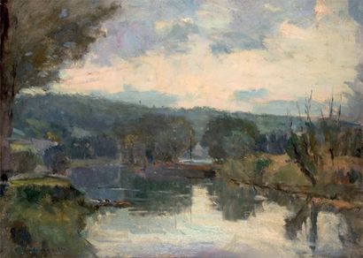 ALBERT LEBOURG (1849-1928) Paysage en bord de rivière. Huile sur toile signée et...