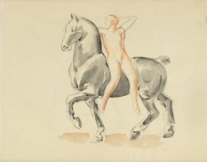 Cuvelier, Paul Etude d'une cavalière nue montant en amazone. (crayon et gouache au...