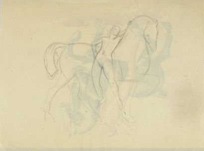 Cuvelier, Paul Etude d'une cavalière nue montant en amazone. (crayon et gouache au...