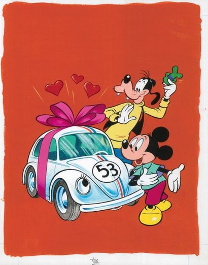 DISNEY (Studios) Mickey, Pluto et la Coccinelle. Gouache couleurs réalisée pour la...