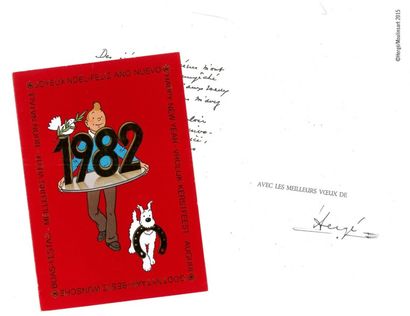 HERGÉ Hergé: Tintin, carte de voeux de 1982 Tintin porte sur un plateau le millésime...