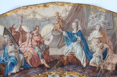null Esther et Assuérus, vers 1760 Eventail plié, feuille double en peau peinte à...