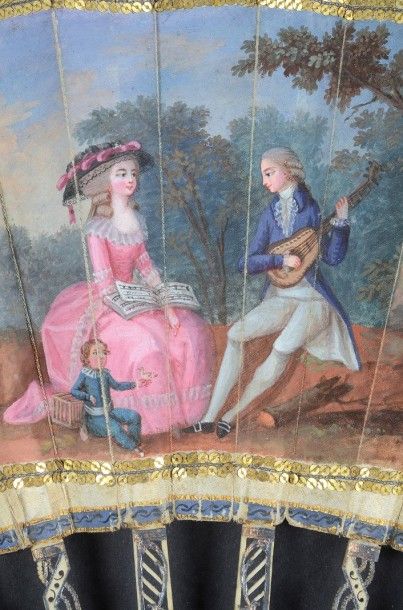 null L'intermède musical, vers 1770-1780 Eventail plié, feuille en soie peinte à...
