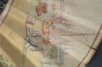 null Vue du port de Dieppe, vers 1770-1780 Eventail plié, feuille en peau peinte...