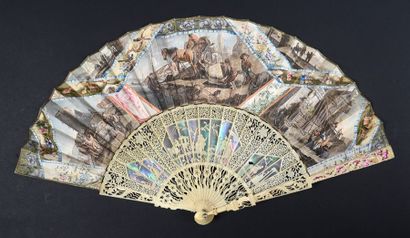 null Le carrosse, vers 1760-1770 Eventail plié, feuille en peau, peinte à la gouache,...