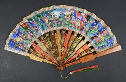 null Mille personnages, Chine, vers 1880 Eventail plié, feuille en papier peint à...