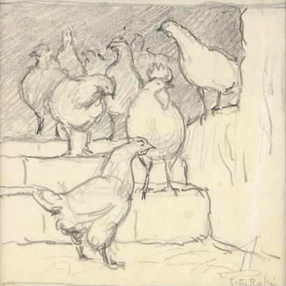 Georges Frédéric ROTIG (1873-1961) 
Etude de poules
Crayon
Signée en bas à droite.
8,5...