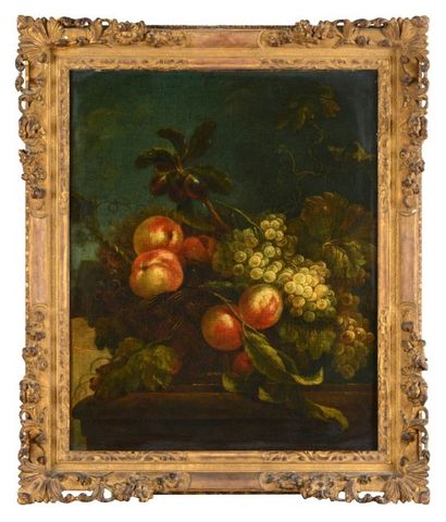 Attribué à Pierre Nicolas HUILLIOT (1654-1751) 
Corbeille de pêches et raisins sur...