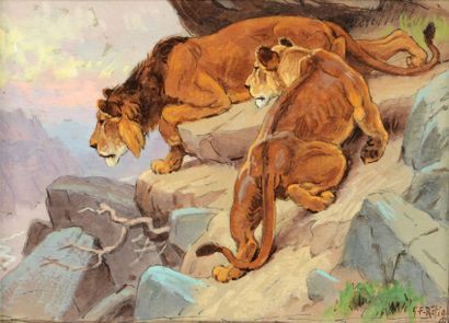 Georges Frédéric ROTIG (1873-1961) 
Lions en observation.
Etude pour un tableau réalisé...