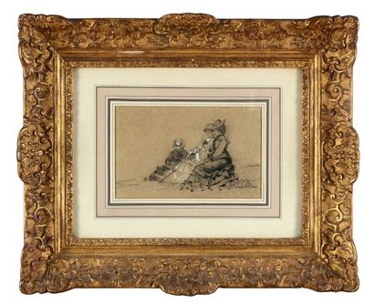 Eugène BOUDIN (1790-1863) 
Femmes au bord de la mer
Crayon et crie blanche, monnogrammé...