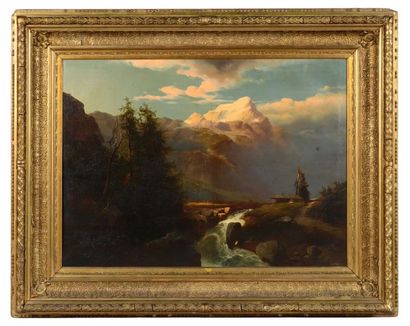 ÉCOLE SUISSE du XIXe siècle 
Vue de Suisse.
Toile (restaurations).
74 x 100 cm.