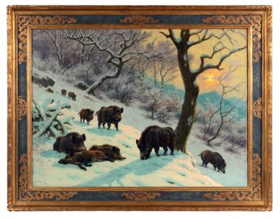 Georges Frédéric ROTIG (1873-1961) 
Sangliers dans la neige
Huile sur toile, encadrée
Signée...