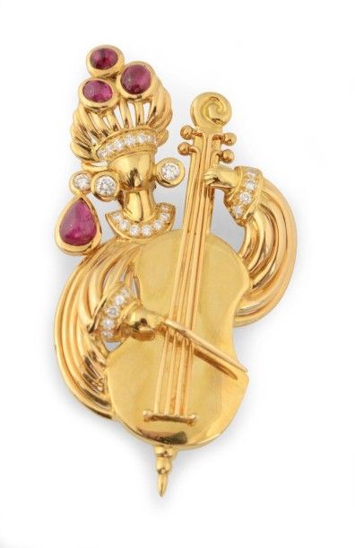 MELLERIO Broche-clip en or jaune 18K (750°/°°) représentant un violoncelliste, le...
