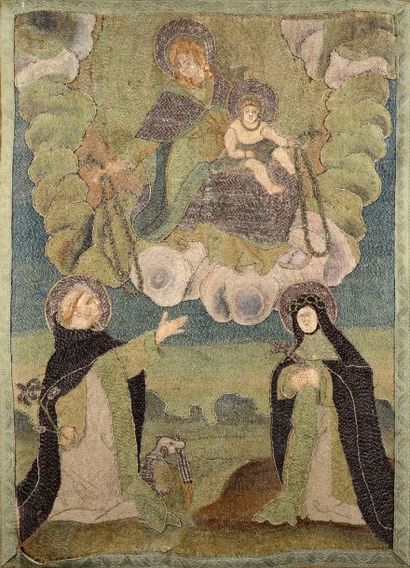 null L'institution du Rosaire.
Rare bannière de confrérie, XVIIe siècle, toile brodée...