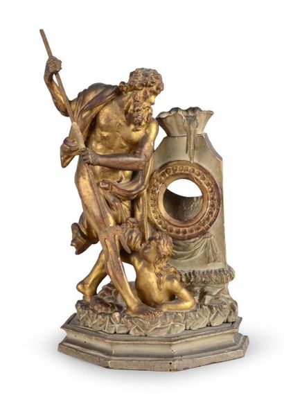 null Porte montre en bois sculpté laqué et doré figurant Neptune et un naïade. (accident...
