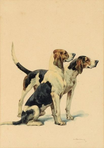 Charles Ferdinand de Condamy (1847-1913) 
Couple de chiens de meute
Aquarelle
Signées...