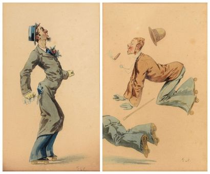 Charles Ferdinand de Condamy (1847-1913) 
Paire d'aquarelles humoristiques
Signées...