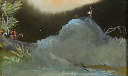 Baron Jules Finot (1848-1914) 
Scène de chasse de nuit. 
Aquarelle, signée et datée...