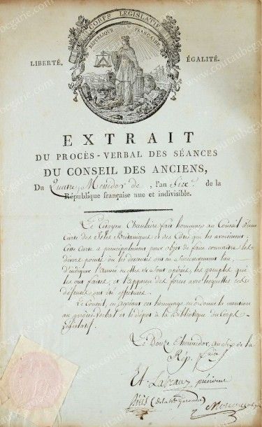 CONSEIL DES ANCIENS (1795-1799) 
Pièce manuscrite sur papier à en-tête en partie...