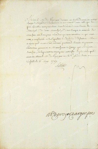 LOUIS XV, roi de France (1710-1774) 
Lettre de service signée Louis, Versailles,...