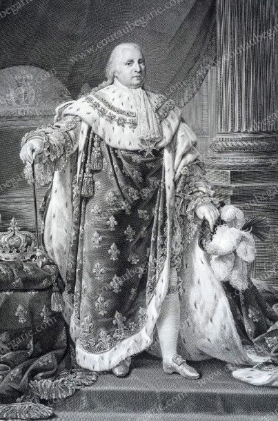 DAVID F.A. 
Le roi Louis XVIII posant en majesté devant la chartre de 1814. 
Gravure...
