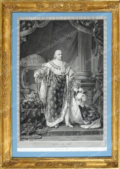 DAVID F.A. 
Le roi Louis XVIII posant en majesté devant la chartre de 1814. 
Gravure...