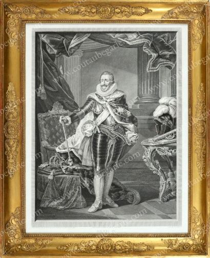 DAVID F.A. ÉCOLE FRANÇAISE DU XIXe SIÈCLE 
Le roi Henry IV posant en majesté. 
Gravure...