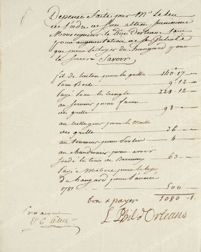 LOUIS-PHILIPPE, duc d'Orléans, dit Philippe Egalité (1747-1793) 
Pièce manuscrite...