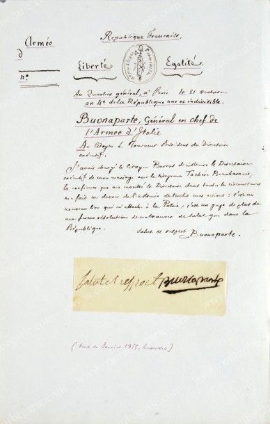 BONAPARTE Napoléon (1769-1821) 
Pièce manuscrite signée Buonaparte, quartier général,...