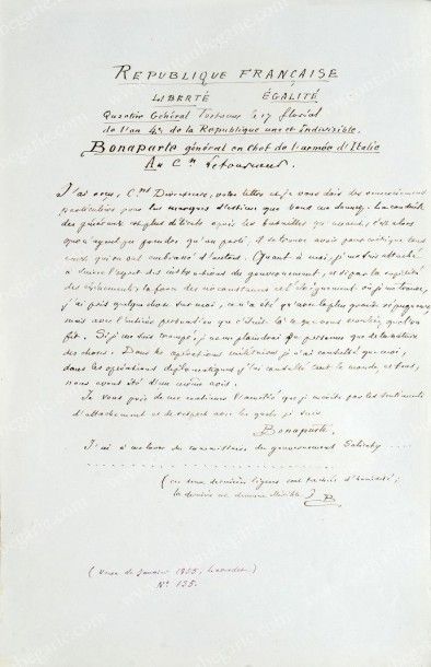 BONAPARTE Napoléon (1769-1821) 
Pièce manuscrite signée Buonaparte, quartier général,...