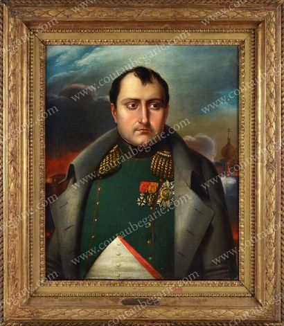 École Française du XIXe siècle 
L'empereur Napoléon Ier devant Moscou en flammes.
Huile...