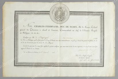 CHARLES-FERDINAND, duc de Berry (1778-1820) 
Certificat établi au nom du duc de Berry...