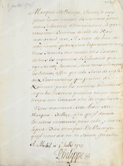 PHILIPPE V, roi d'Espagne, né prince de France, duc d'Anjou (1683-1746) 
Lettre manuscrite...