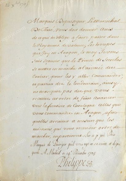 PHILIPPE V, roi d'Espagne, né prince de France, duc d'Anjou (1683-1746) 
Lettre manuscrite...
