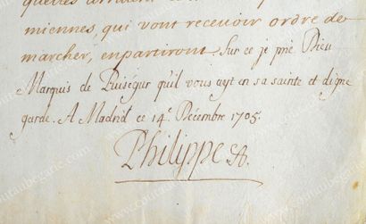 PHILIPPE V, roi d'Espagne, né prince de France, duc d'Anjou (1683-1746) 
Lettre manuscrite...