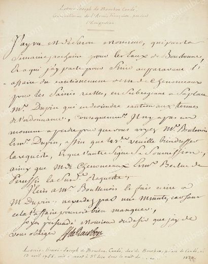 LOUIS-HENRI, duc de Bourbon, prince de Condé (1756-1822) 
Lettre manuscrite signée...