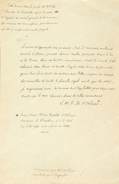 LOUISE-BATHILDE, princesse d'Orleans, duchesse de Bourbon (1750-1822) 
Copie manuscrite...