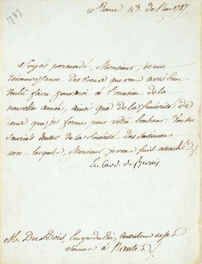 BERNIS François-Joachim Cardinal de (1715-1794) 
Lettre manuscrite signée Le card....
