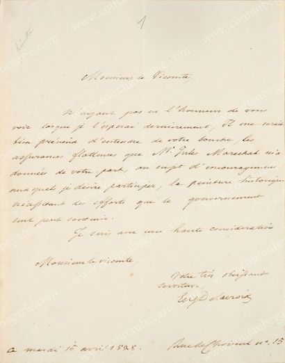 DELACROIX Eugène (1798-1863) 
L.A.S. «Eug Delacroix», adressée au vicomte Alcide-Hyacinthe...