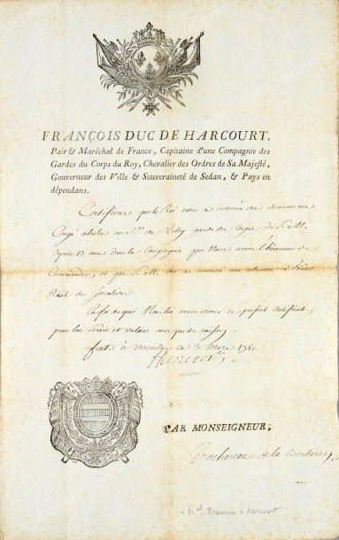 HARCOURT François Maréchal de France (1689-1750) 
Lettre de congé manuscrite signée...