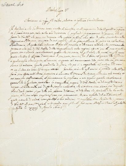 PAPE PAUL V (Camille Borghèse), (1550-1621) 
Lettre manuscrite signée Paulus, 26...