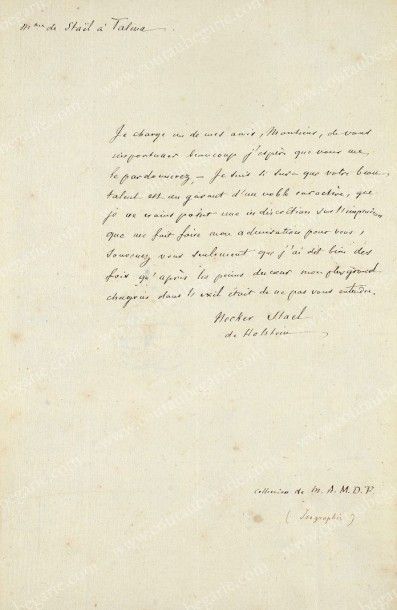 STAËL, Madame de (1766-1817) 
Copie d'une lettre adressée à Talma, in-4°, 1 page,...