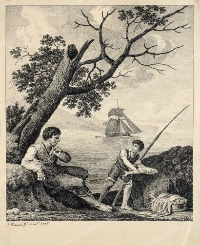 TAUVEL J. - ÉCOLE DU XVIIIe SIÈCLE 
«Repos du pêcheur» et «Jeune pêcheur et son père».
Dessins...